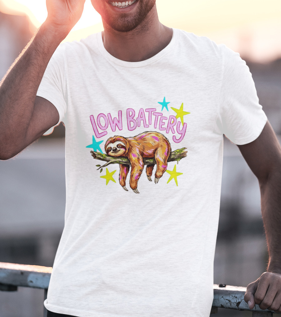 Lazy Sloth Low Battery Tired Animal With Colorful Stars T-Shirt