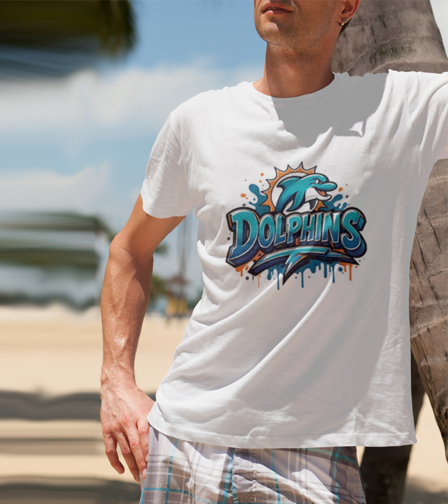 Miami Dolphins Graffiti Football Dolphins Splash Blue Orange T-Shirt