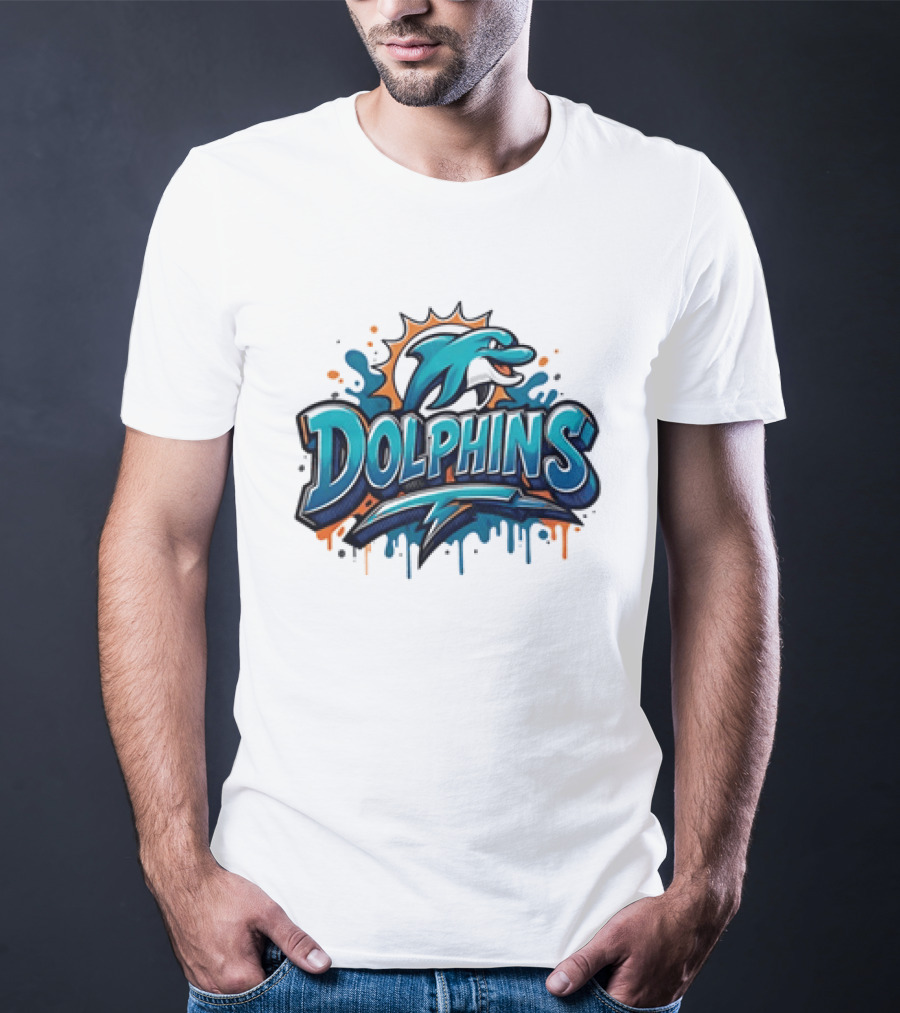 Miami Dolphins Graffiti Football Dolphins Splash Blue Orange T-Shirt