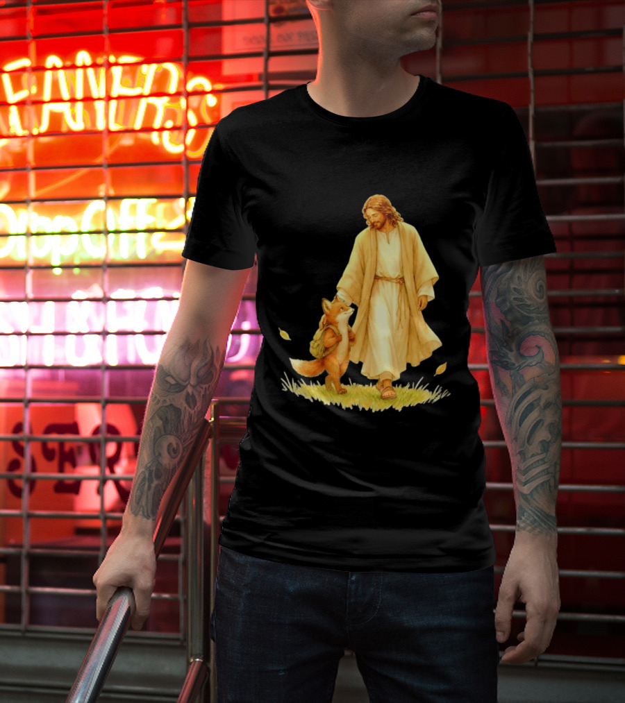 Jesus Christ And Fox Companion With Backpack In Nature Scene T-Shirt