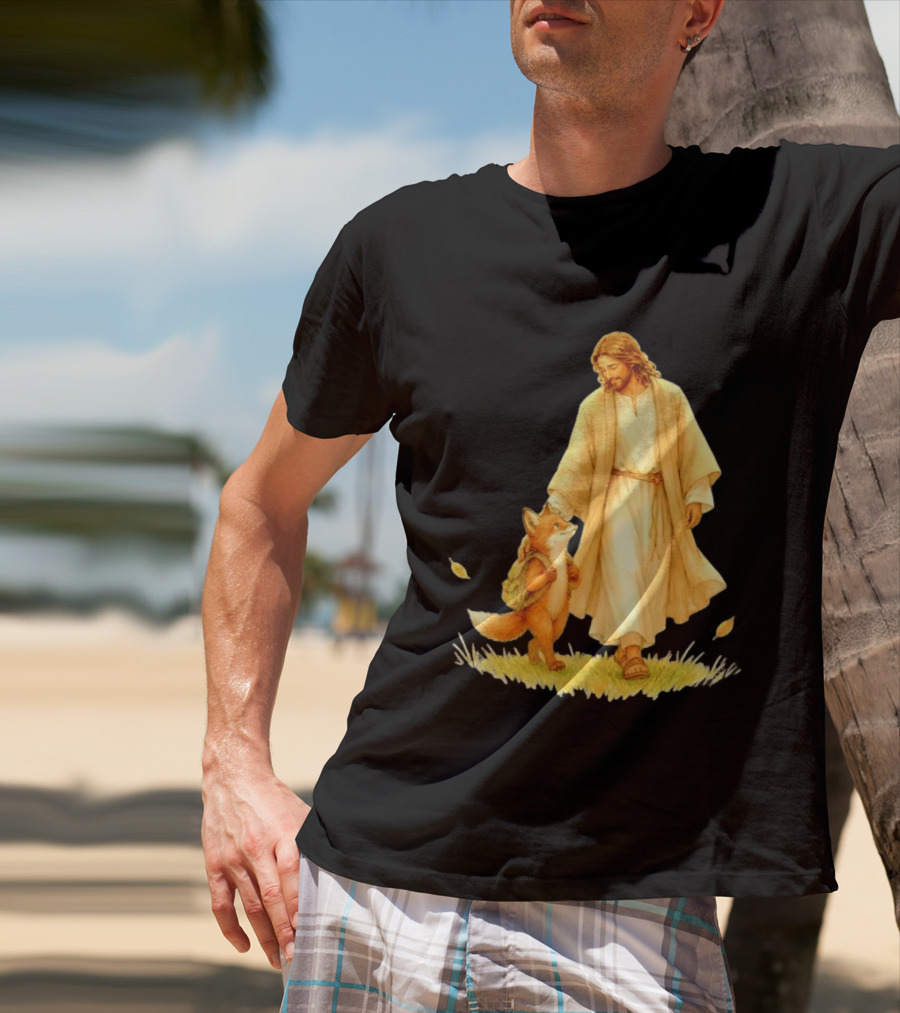 Jesus Christ And Fox Companion With Backpack In Nature Scene T-Shirt