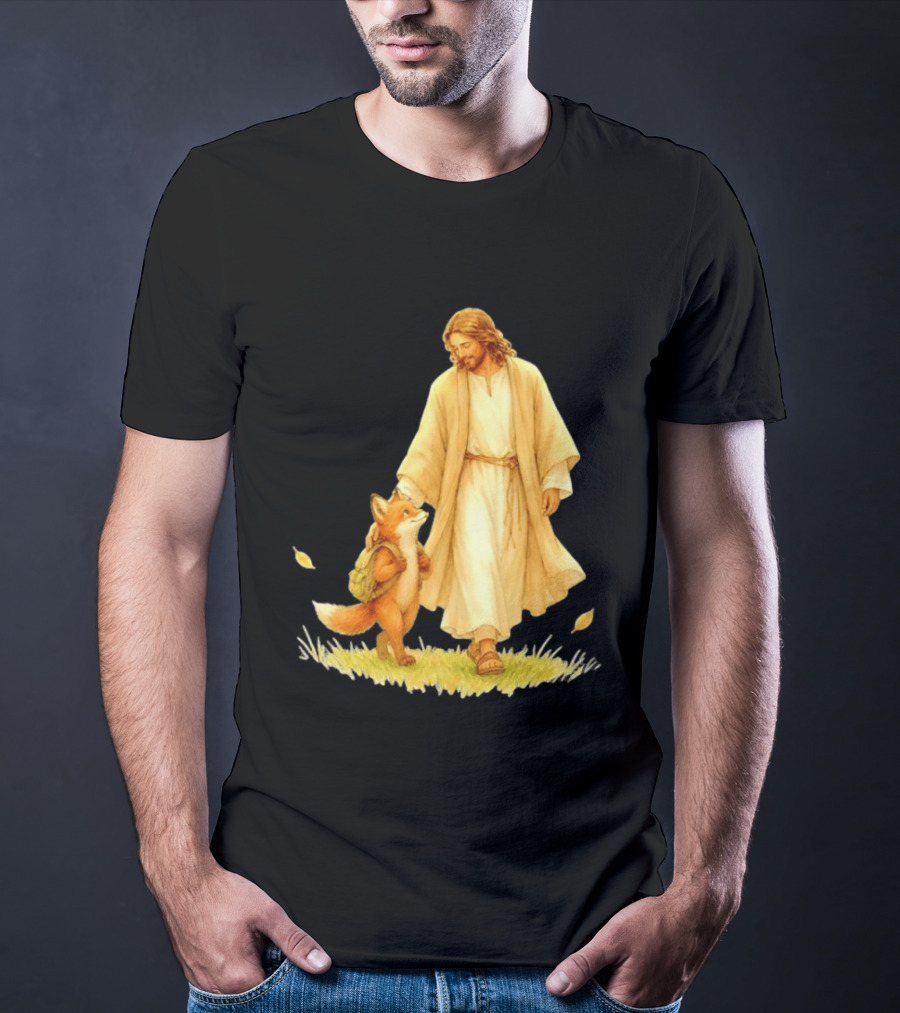 Jesus Christ And Fox Companion With Backpack In Nature Scene T-Shirt