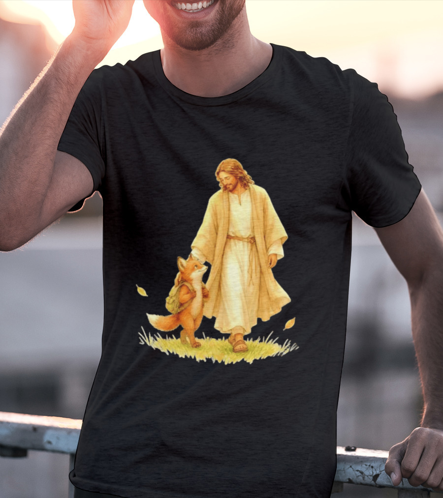 Jesus Christ And Fox Companion With Backpack In Nature Scene T-Shirt