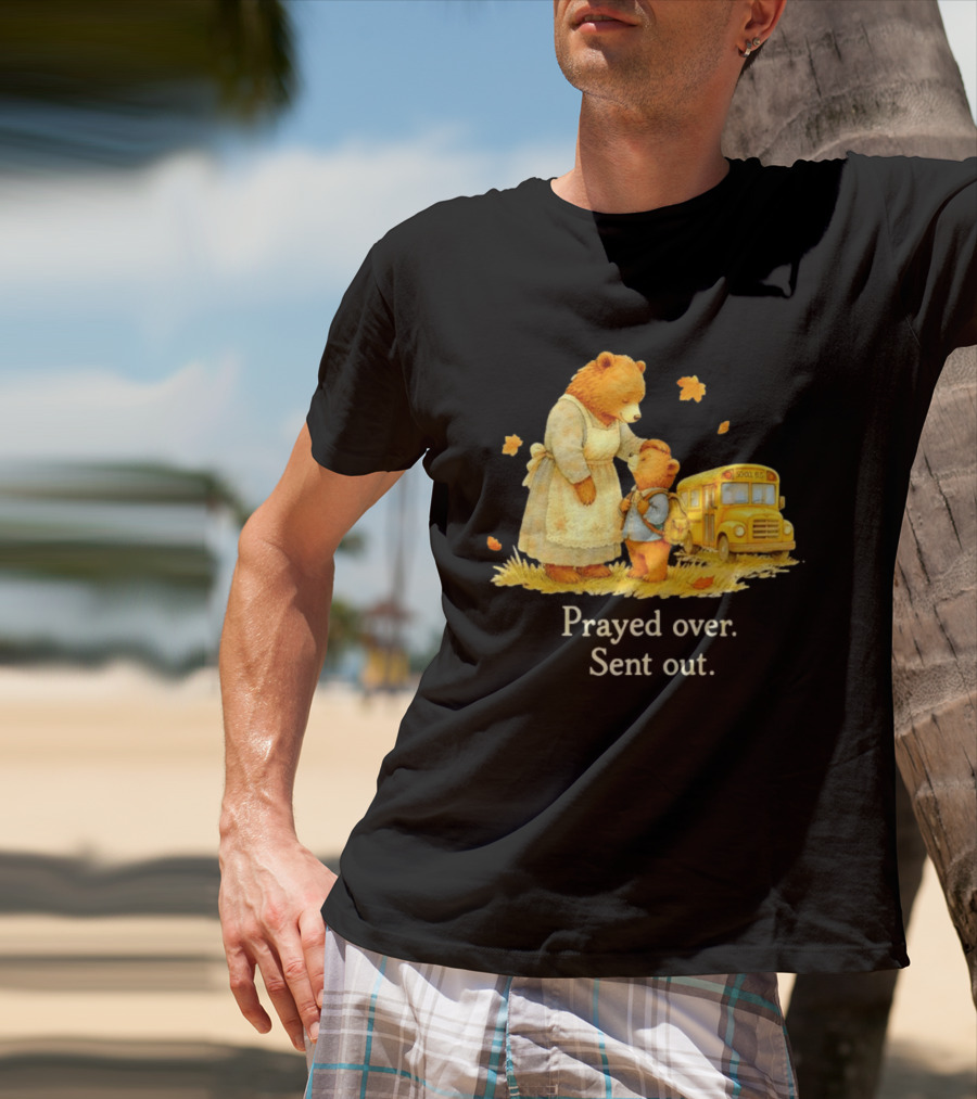 Mama Bear And Cub School Bus Prayed Over Sent Out Back To School Autumn Scene T-Shirt