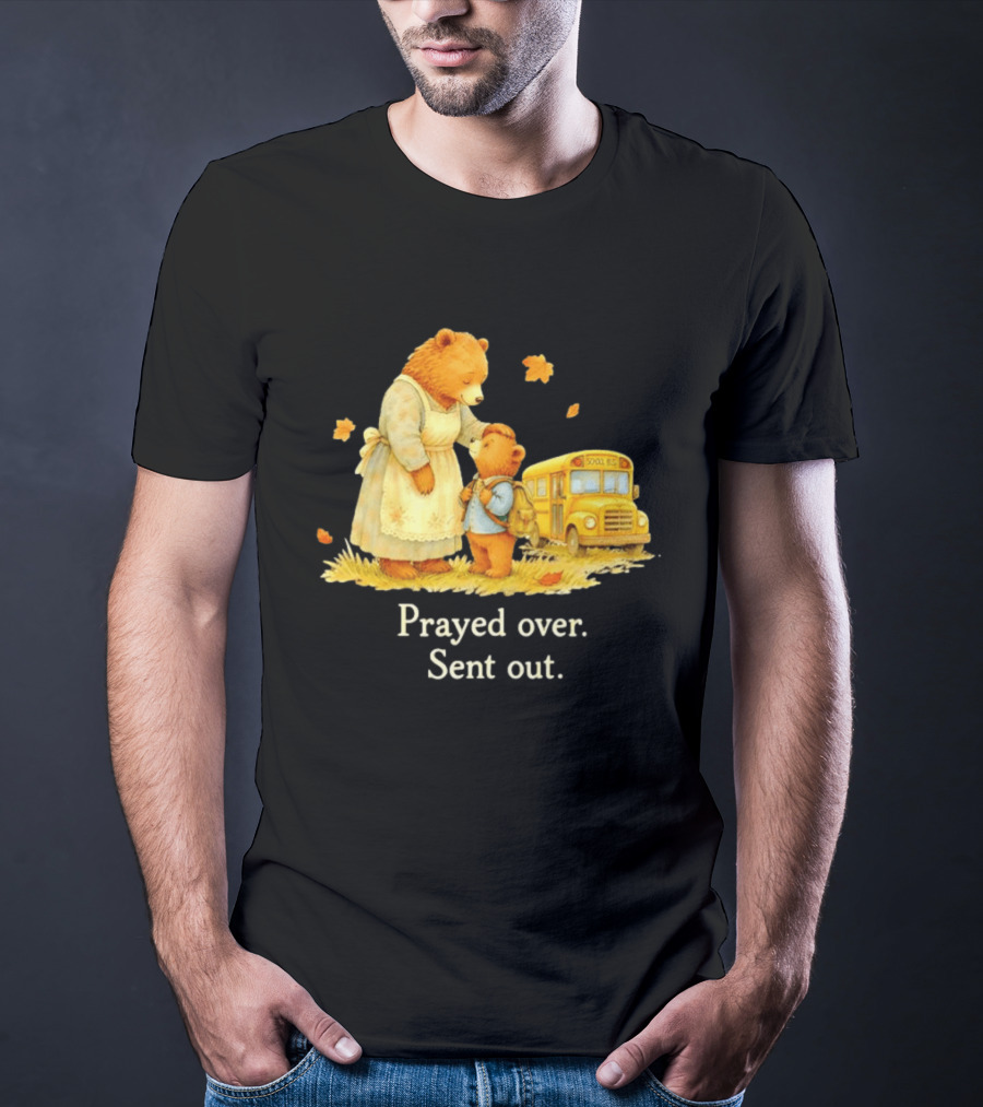Mama Bear And Cub School Bus Prayed Over Sent Out Back To School Autumn Scene T-Shirt