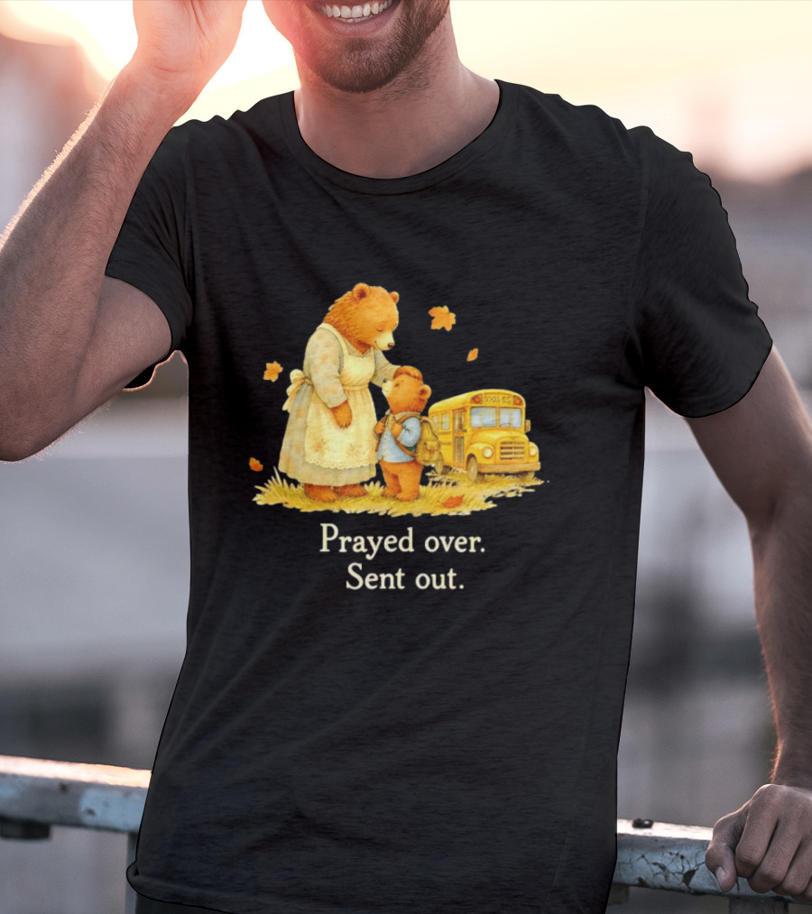 Mama Bear And Cub School Bus Prayed Over Sent Out Back To School Autumn Scene T-Shirt
