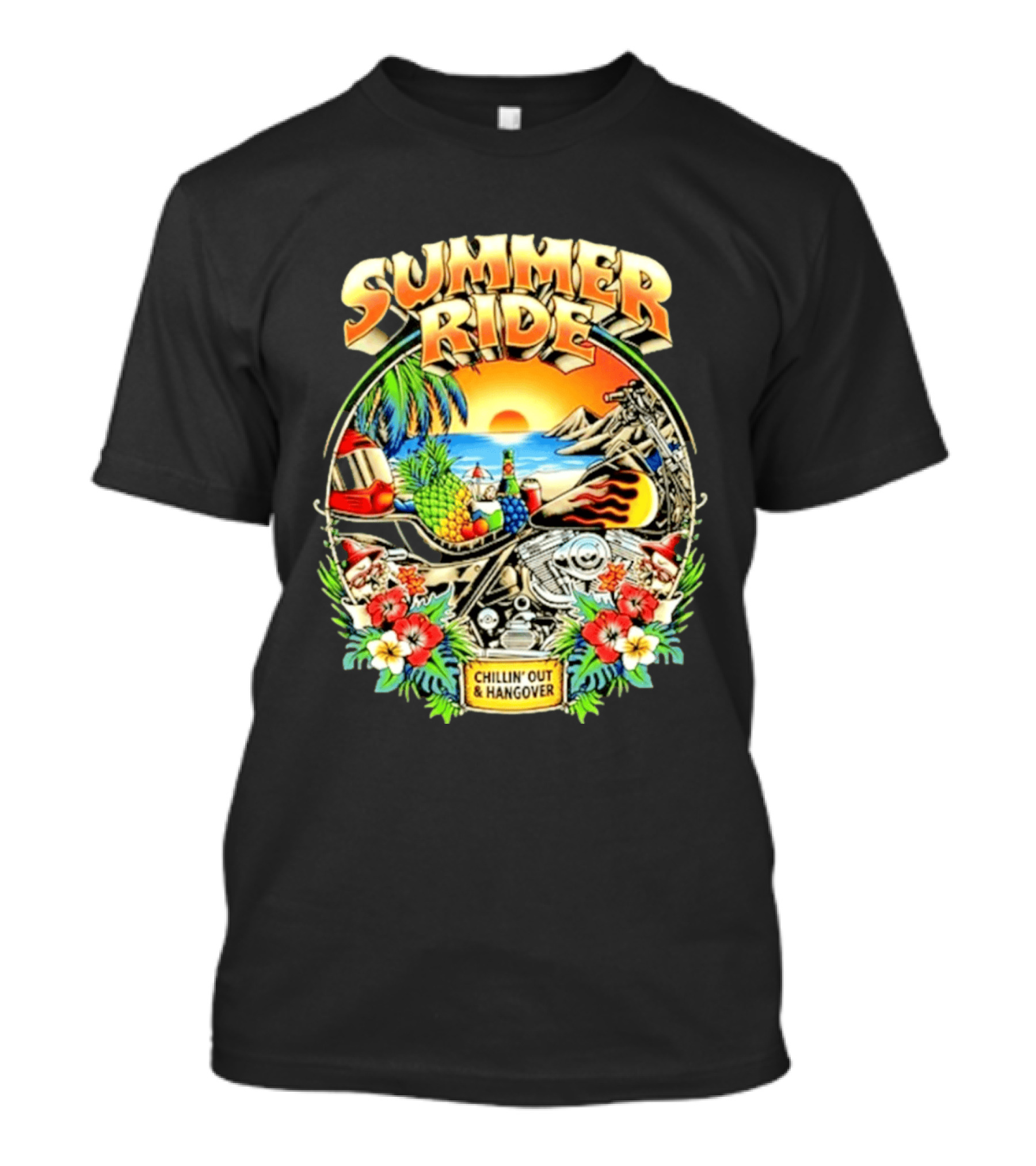 Summer Ride Chillin' Out Hangover Motorcycle Beach Sunset Tropical Fruits Floral T-Shirt