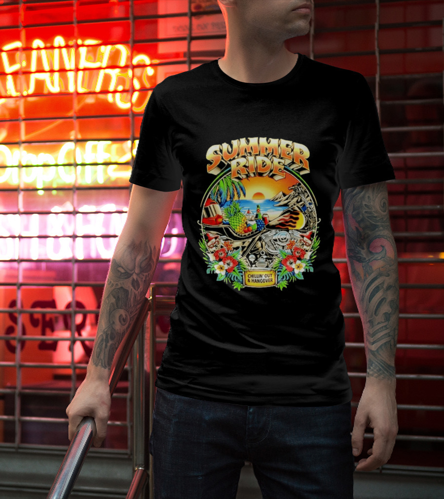 Summer Ride Chillin' Out Hangover Motorcycle Beach Sunset Tropical Fruits Floral T-Shirt