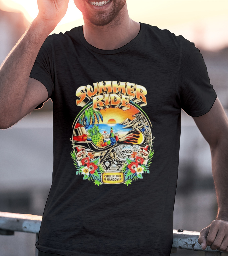 Summer Ride Chillin' Out Hangover Motorcycle Beach Sunset Tropical Fruits Floral T-Shirt