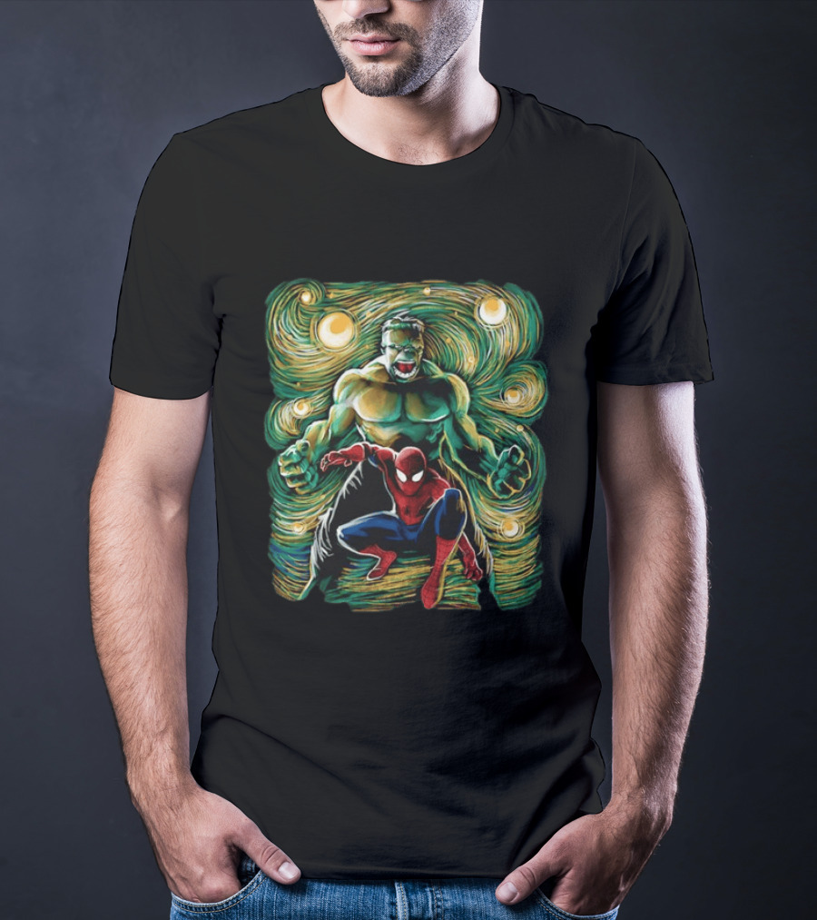 Hulk And Spider Man Marvel Comics Starry Night Sky Superhero Collaboration T-Shirt