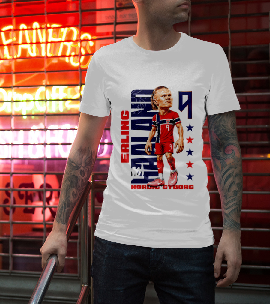 Erling Haaland No 9 Nordic Cyborg Stars And Stripes Caricature T-Shirt