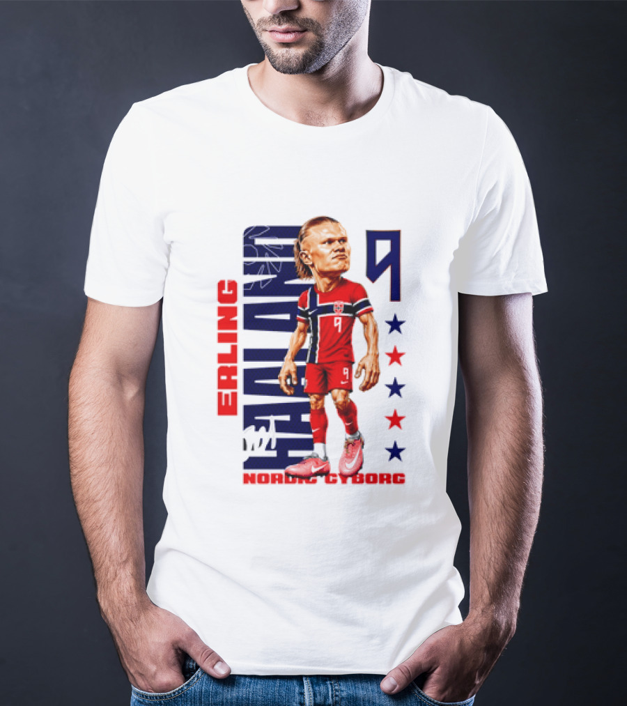 Erling Haaland No 9 Nordic Cyborg Stars And Stripes Caricature T-Shirt