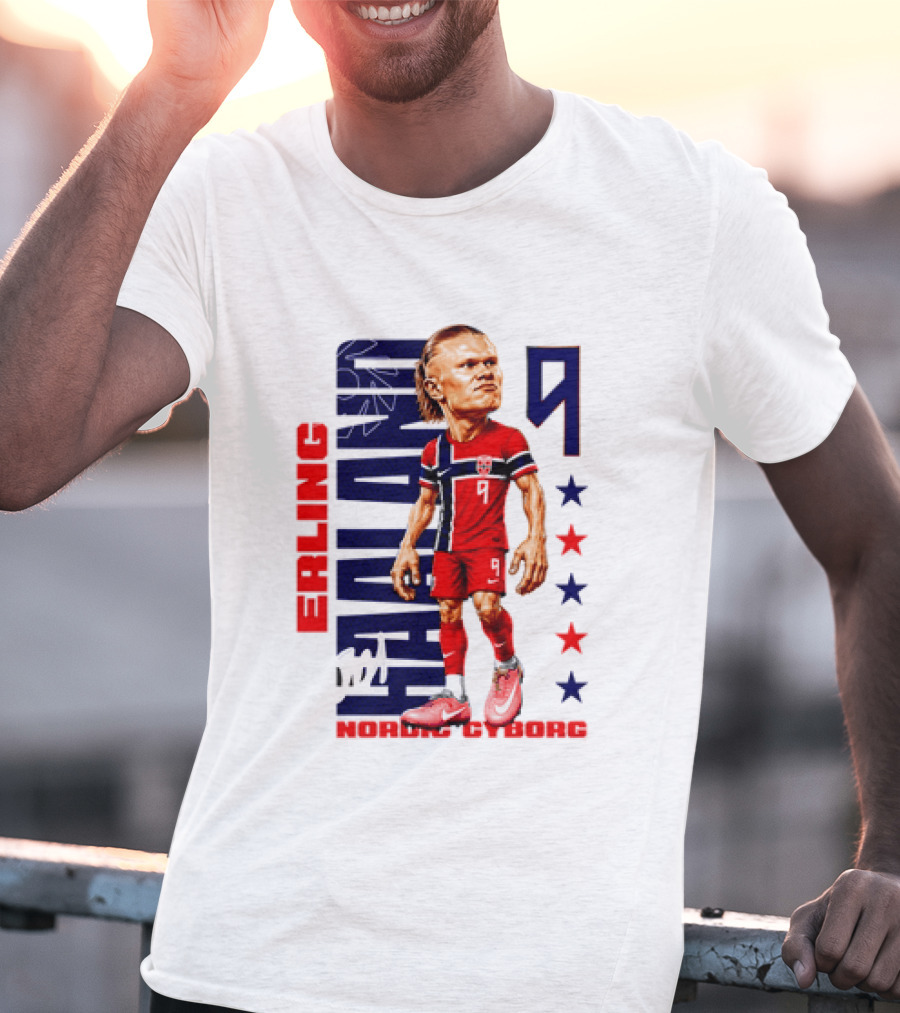 Erling Haaland No 9 Nordic Cyborg Stars And Stripes Caricature T-Shirt