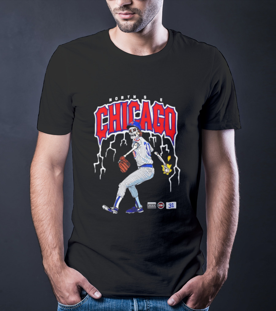 North Side Chicago Skeleton Pitcher CHI 31 Baseball T-Shirt