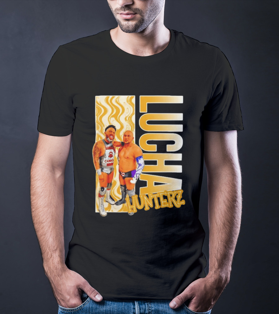 Lucha Hunterz Wrestlers Duo With Llamas And Gold Accents T-Shirt