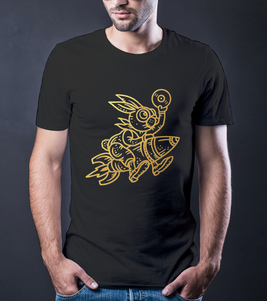 Golden Rabbit Riding A Rocket With Vinyl Record Music Space Adventure T-Shirt