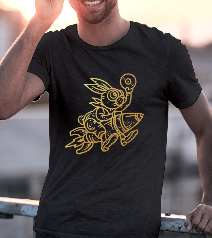 Golden Rabbit Riding A Rocket With Vinyl Record Music Space Adventure T-Shirt