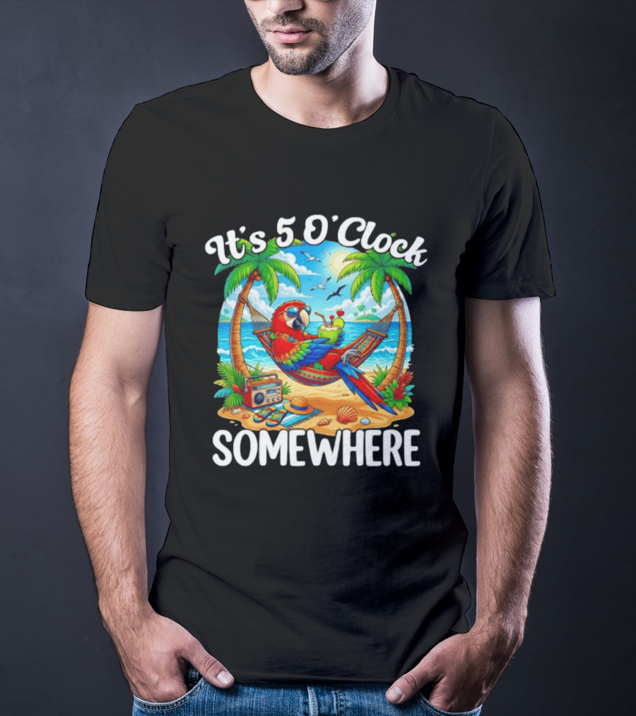 Parrot Relaxing In Hammock On Tropical Beach With It's 5 O' Somewhere Vibe T-Shirt
