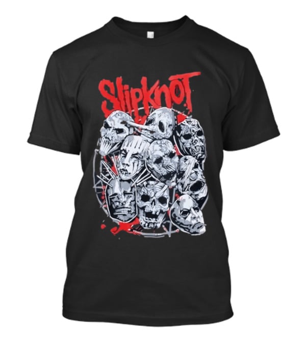 Slipknot Mask Collection With Band Name In Red T-Shirt