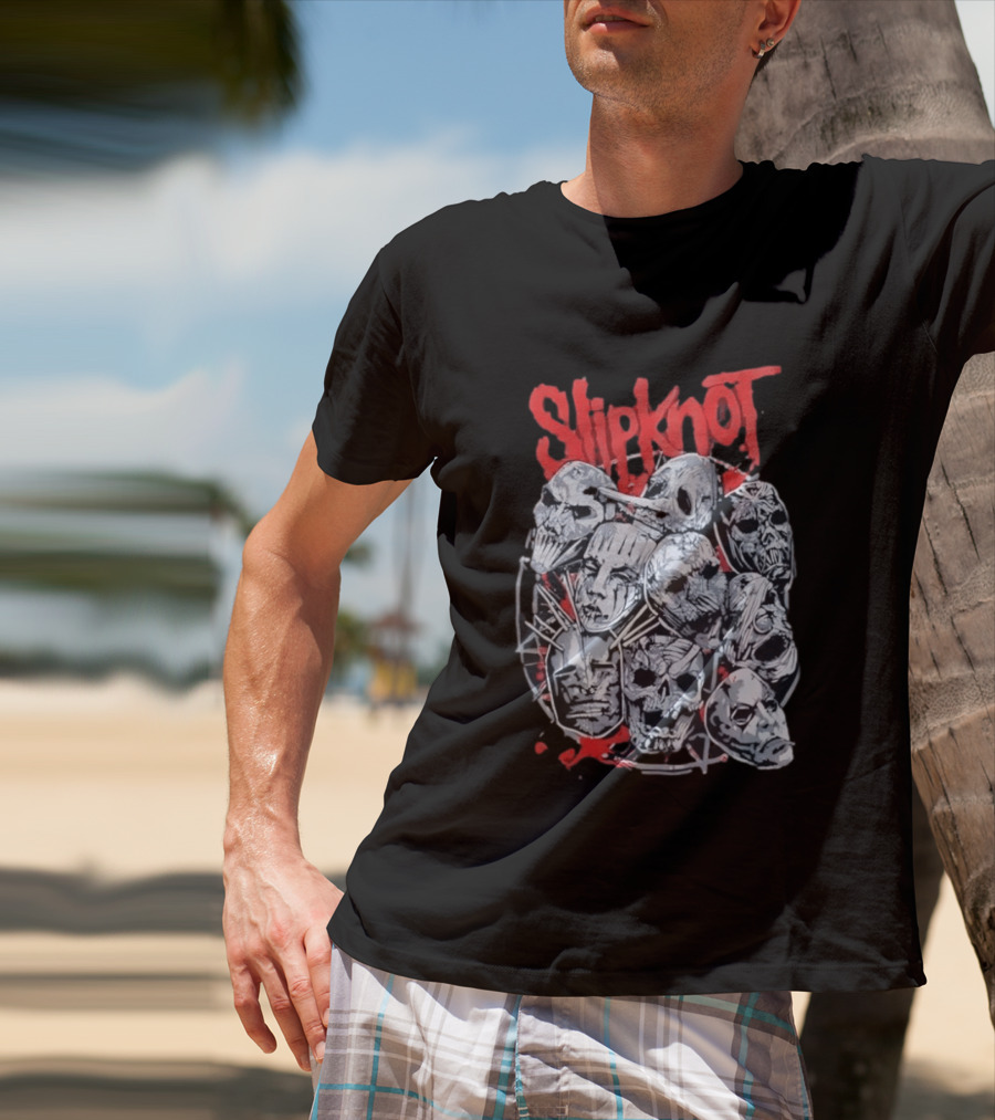 Slipknot Mask Collection With Band Name In Red T-Shirt