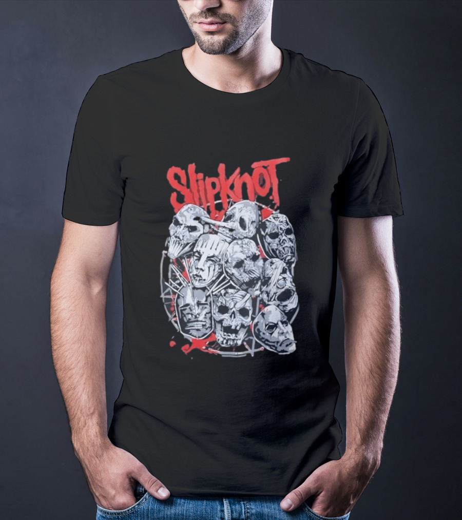 Slipknot Mask Collection With Band Name In Red T-Shirt