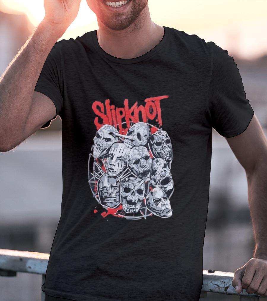 Slipknot Mask Collection With Band Name In Red T-Shirt