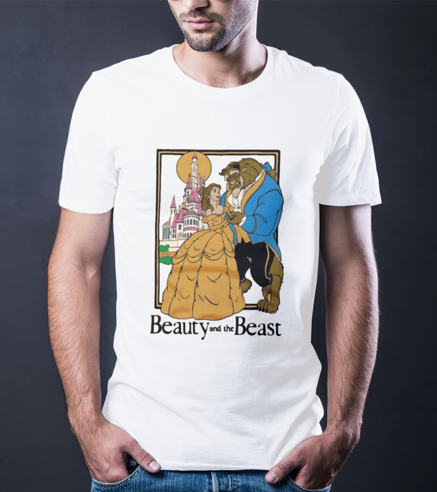 Beauty And The Beast Belle And Beast Dancing In Front Of Castle T-Shirt