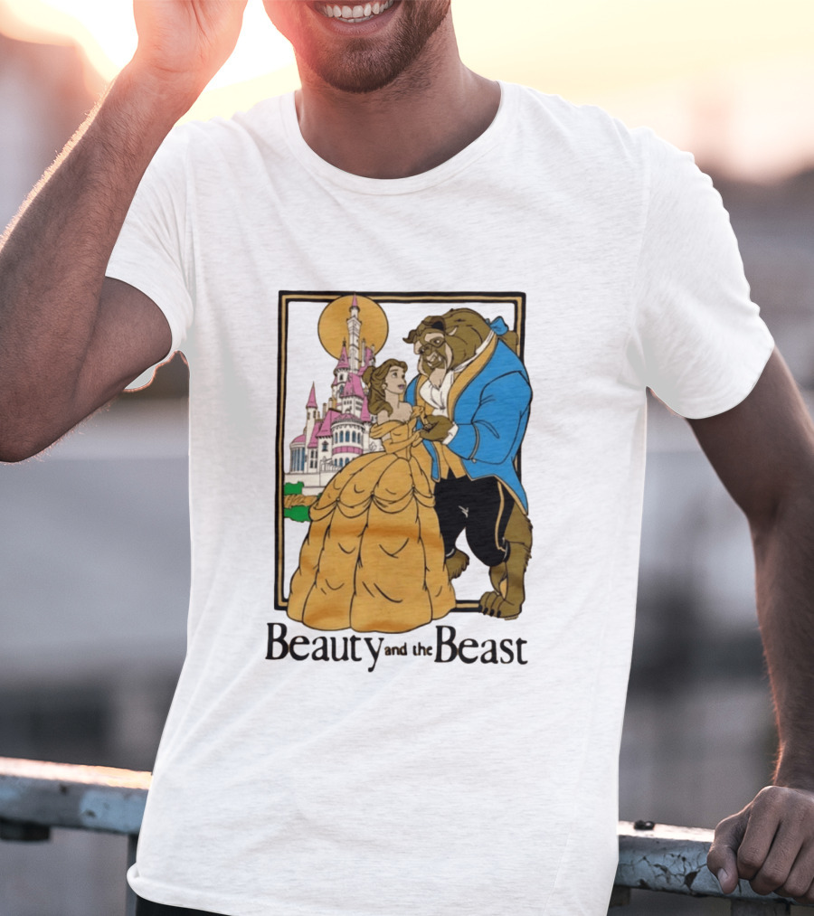 Beauty And The Beast Belle And Beast Dancing In Front Of Castle T-Shirt