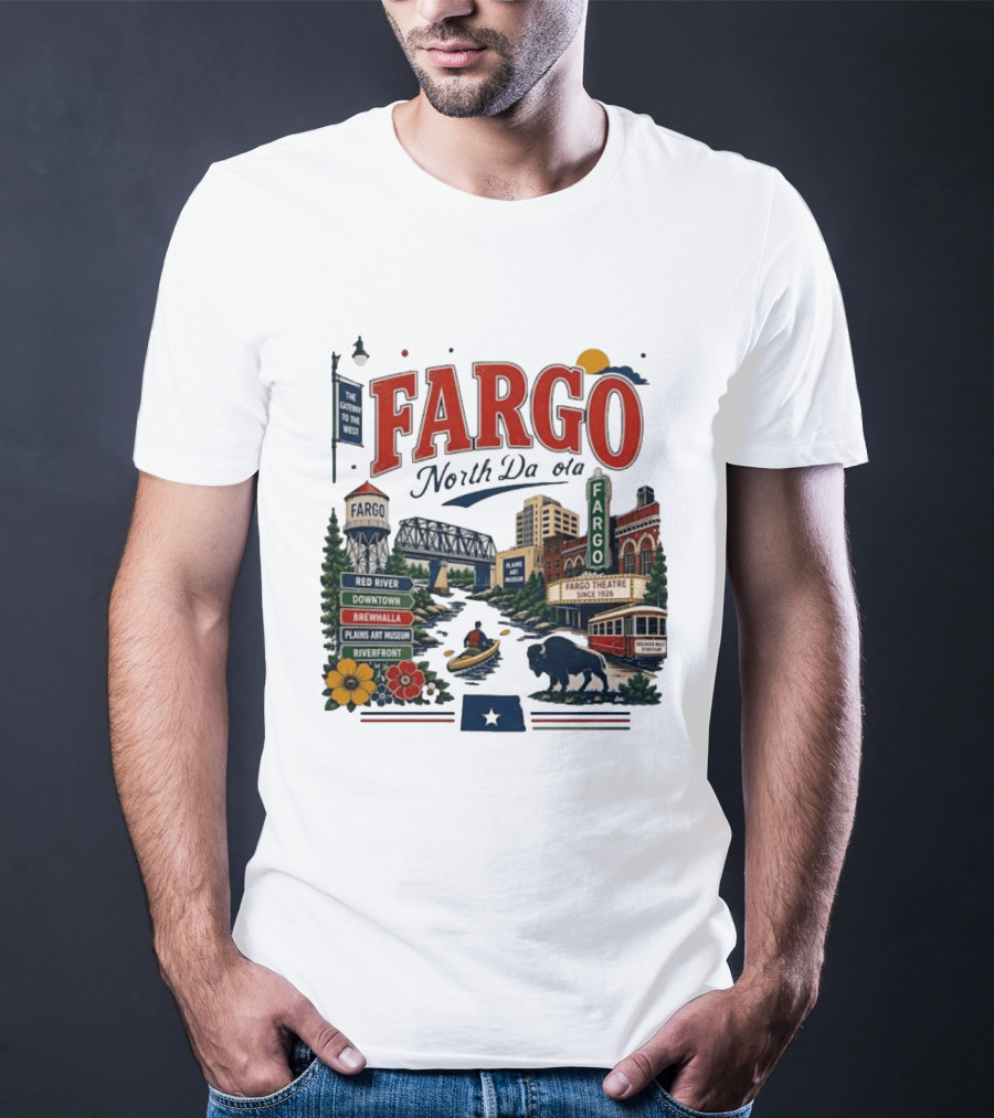 Fargo North Dakota Red River Downtown Brewhalla Plains Art Museum Riverfront Theatre T-Shirt