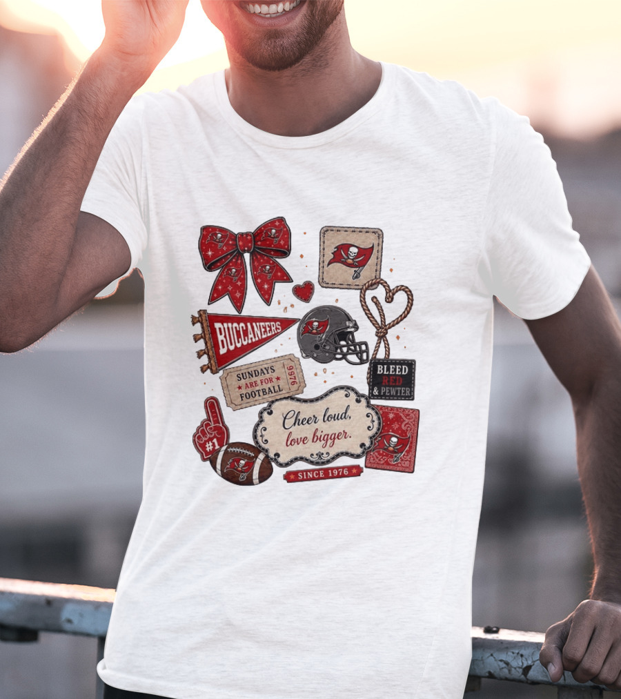 Tampa Bay Buccaneers Mom Red Floral Bow Cheer Loud Love Bigger Football Patch Collage T-Shirt