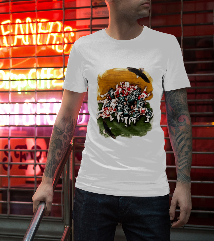 Philadelphia Eagles Tush Push Jalen Hurts Saquon Barkley Jason Kelce Action Play T-Shirt