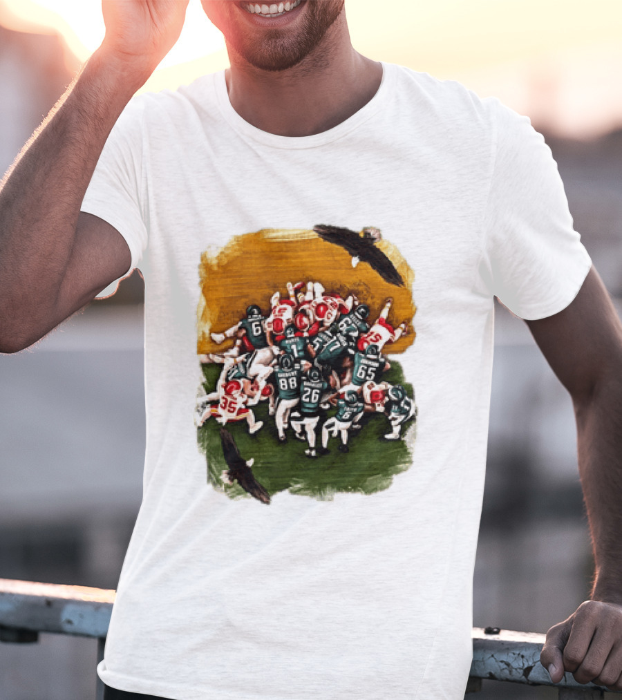 Philadelphia Eagles Tush Push Jalen Hurts Saquon Barkley Jason Kelce Action Play T-Shirt