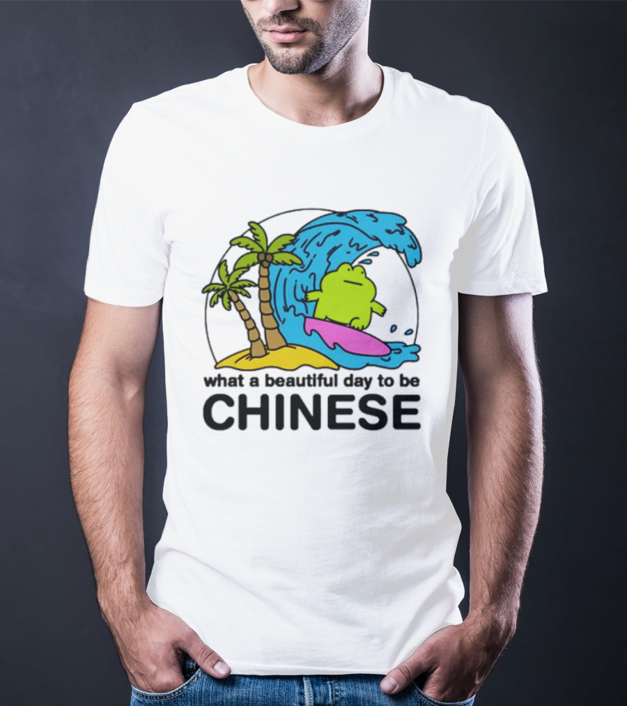 What A Beautiful Day To Be Chinese Surfing Frog With Palm Trees And Waves T-Shirt
