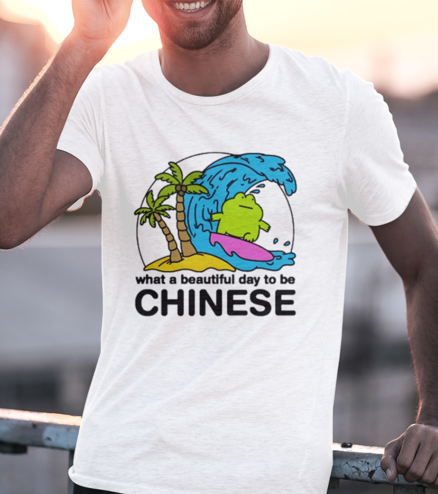 What A Beautiful Day To Be Chinese Surfing Frog With Palm Trees And Waves T-Shirt