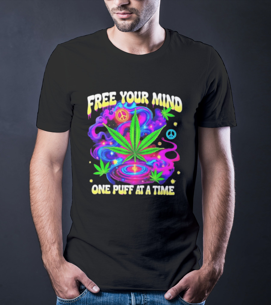 Psychedelic Cannabis Leaf Peace Sign Free Your Mind One Puff At A Time Trippy T-Shirt