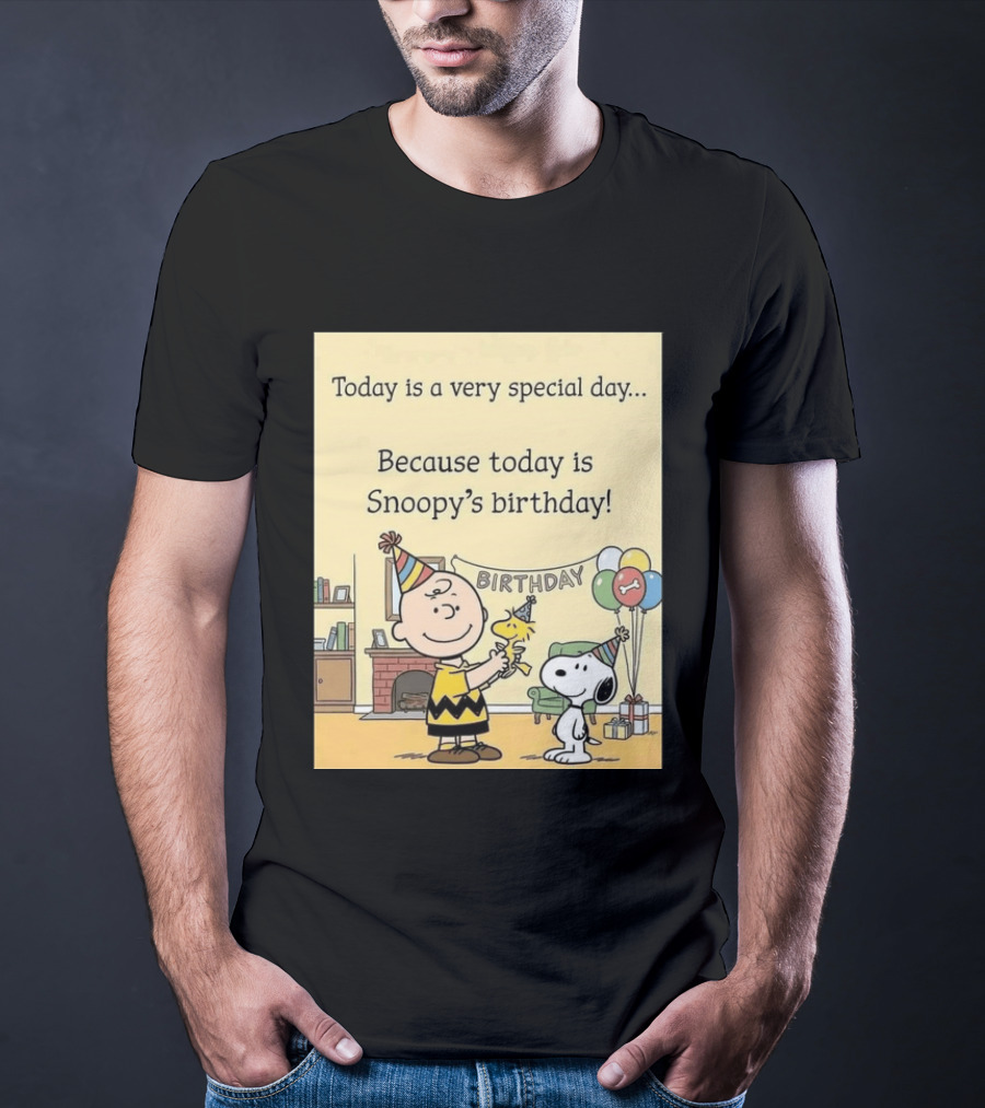 Celebrate Snoopy's Birthday With Charlie Brown And Woodstock In Party Hats And Balloons T-Shirt