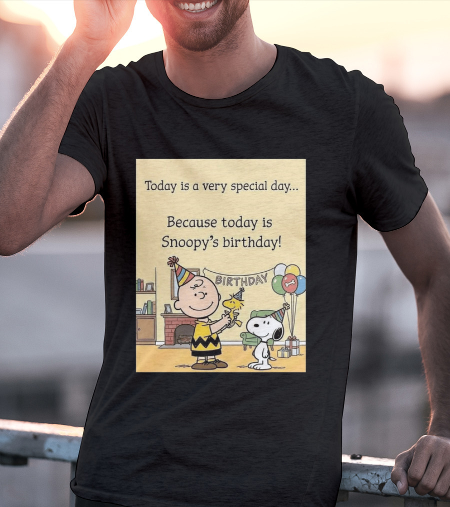 Celebrate Snoopy's Birthday With Charlie Brown And Woodstock In Party Hats And Balloons T-Shirt
