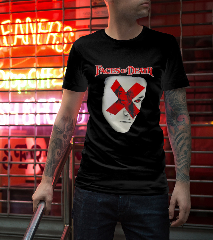 Faces Of Death Horror Movie Red X Iconic Scream Mask T-Shirt