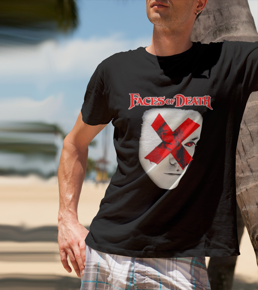 Faces Of Death Horror Movie Red X Iconic Scream Mask T-Shirt