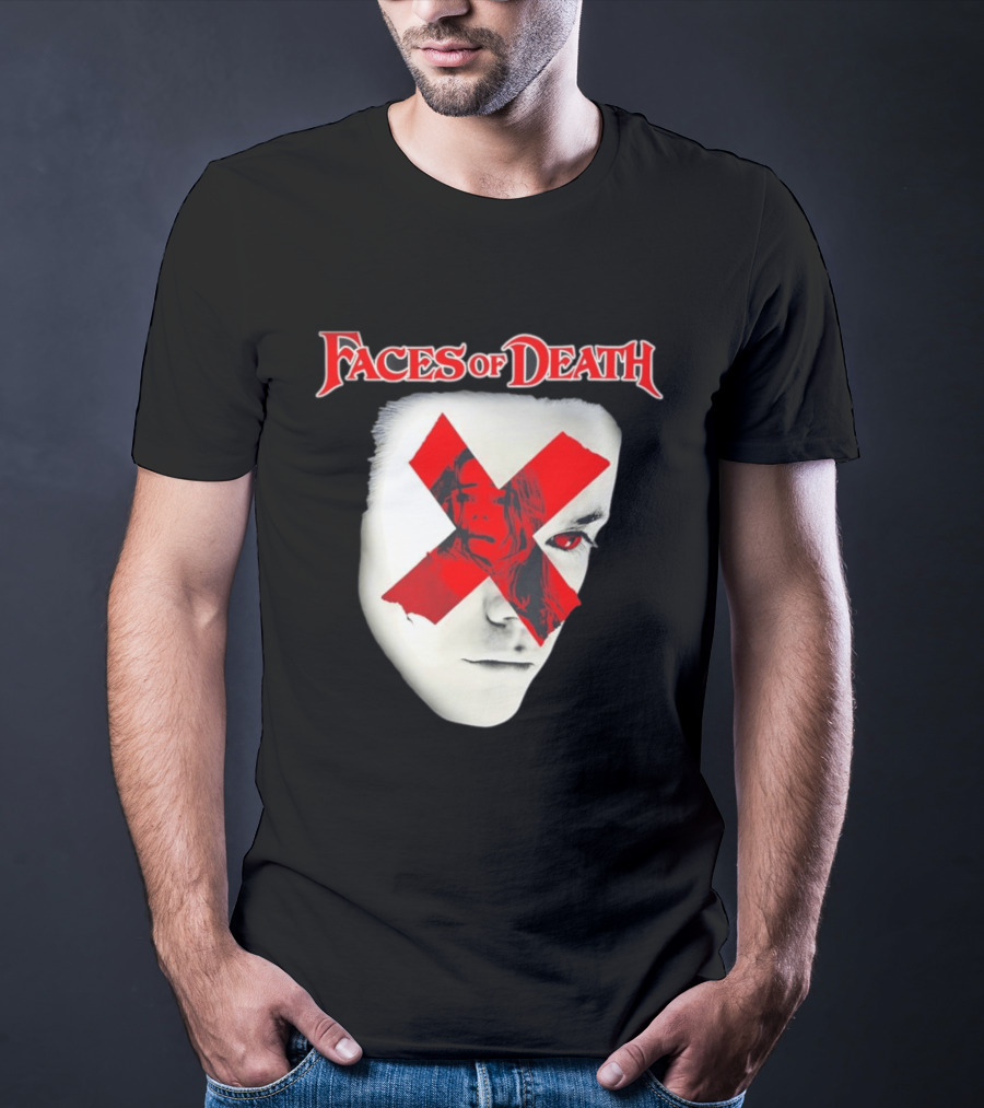 Faces Of Death Horror Movie Red X Iconic Scream Mask T-Shirt