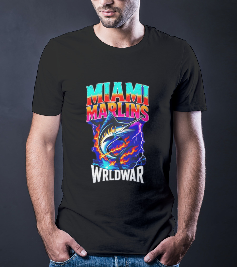 Miami Marlins Wrldwar Lightning Flame Marlin T-Shirt