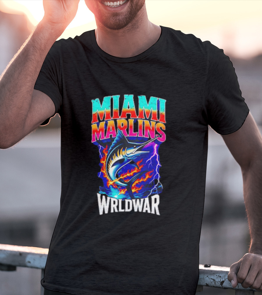 Miami Marlins Wrldwar Lightning Flame Marlin T-Shirt