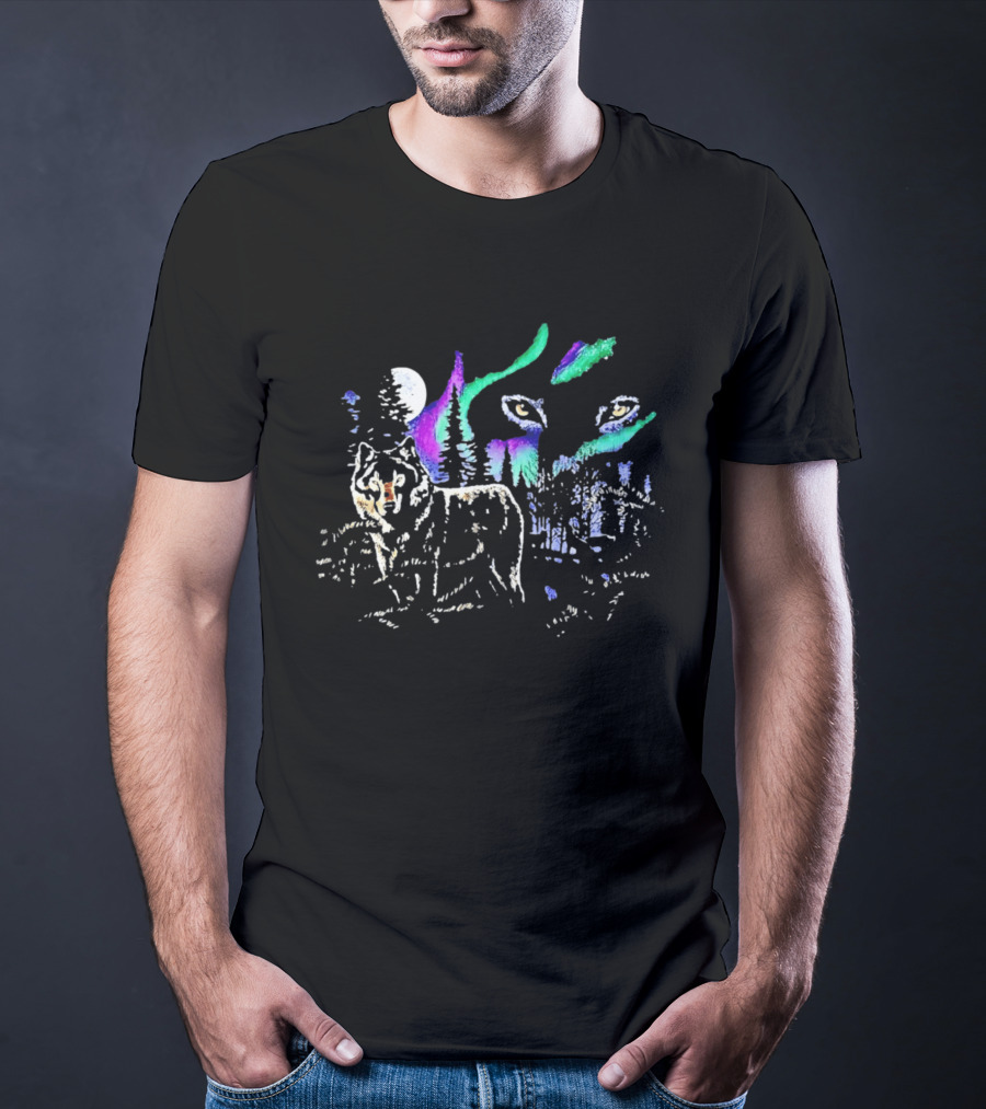 Northern Lights Wolf Under Starry Sky Moonlight Scene T-Shirt