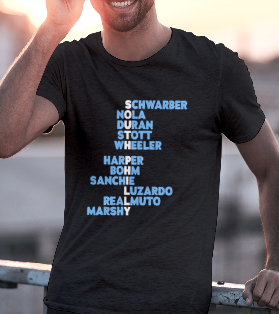 Philadelphia Phillies South Philly Baseball Player Names 2026 Schwaber Nola Duran Stott Wheeler Harper Bohm Sanchez Luzardo Realmuto Marsh T-Shirt