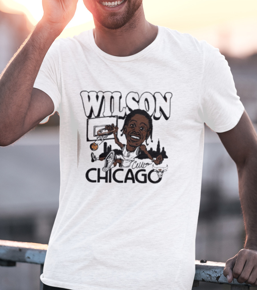 Wilson Dunking Basketball Caricature Chicago Bulls Skyline T-Shirt