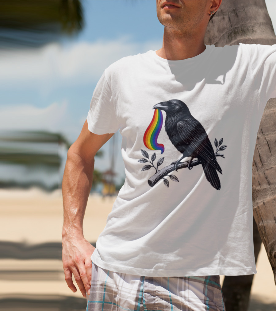 Rainbow Raven Pride Bird Holding Colorful Ribbon On Branch T-Shirt