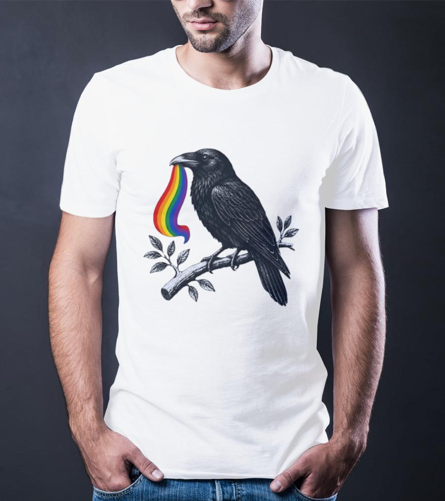 Rainbow Raven Pride Bird Holding Colorful Ribbon On Branch T-Shirt