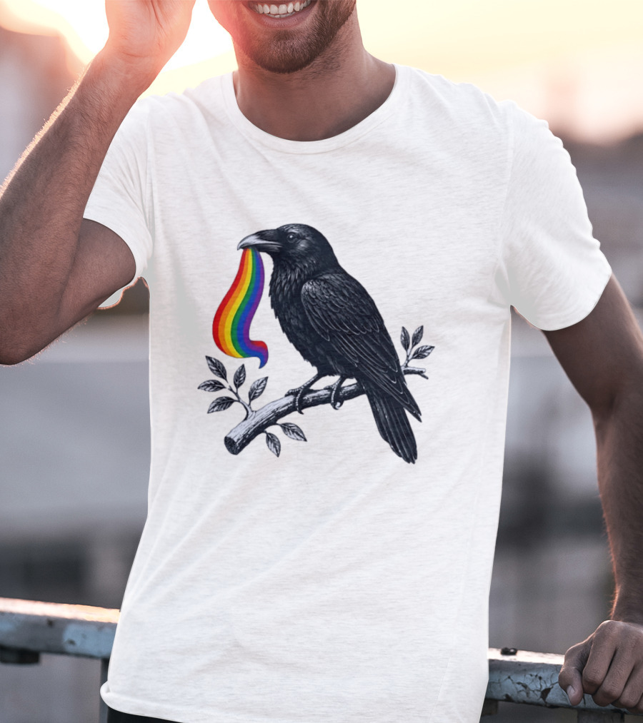 Rainbow Raven Pride Bird Holding Colorful Ribbon On Branch T-Shirt