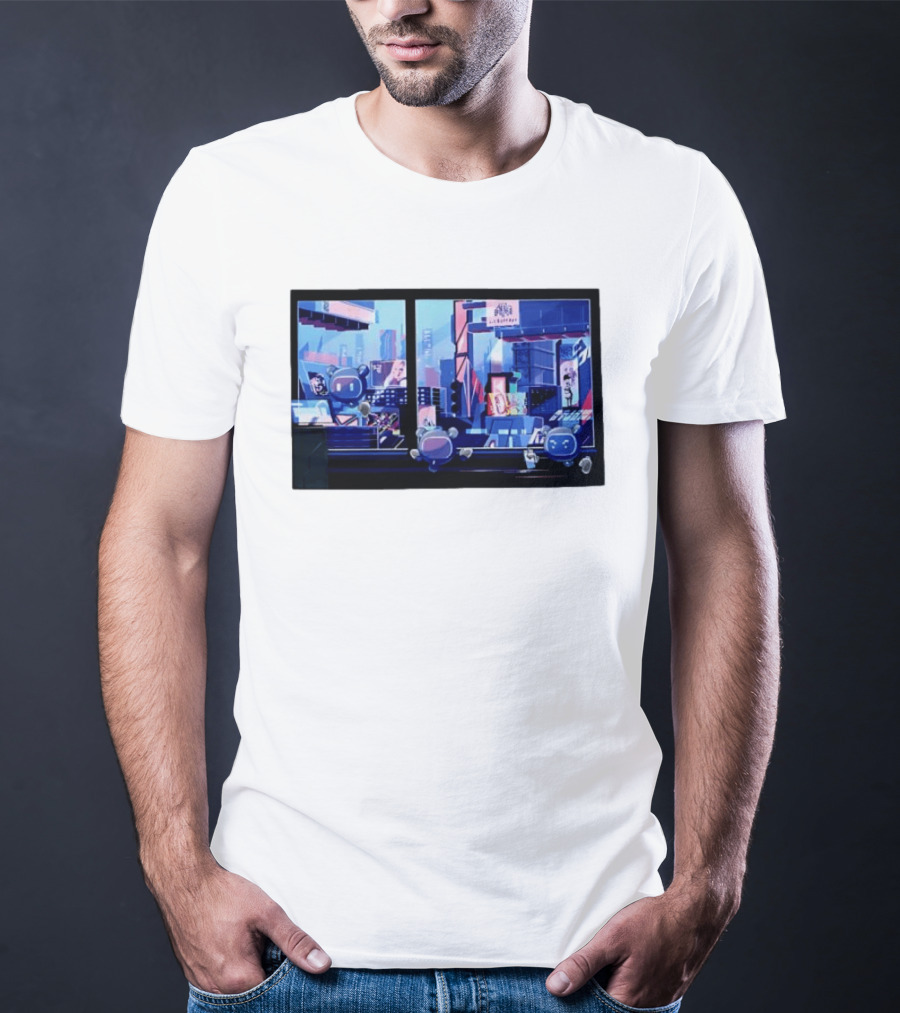 Lit Bot Apts Robots Futuristic City Skyline Pixel T-Shirt
