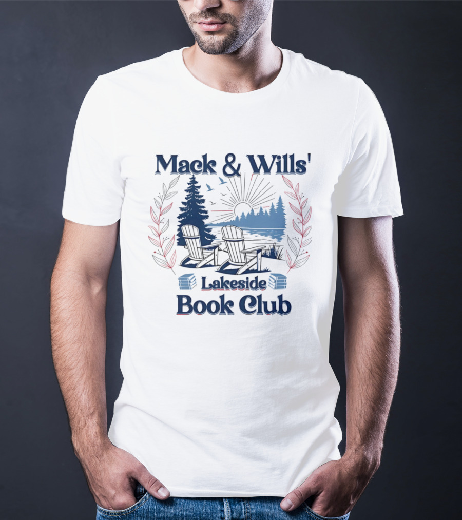 Mack & Wills' Lakeside Book Club Adirondack Chairs Sunset Scene T-Shirt